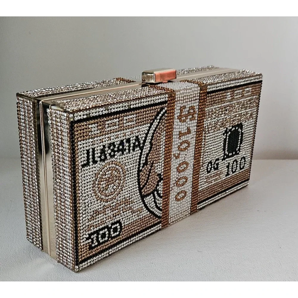 Money Stack Clear & Gold Rhinestone Clutch Bag Evening Purse